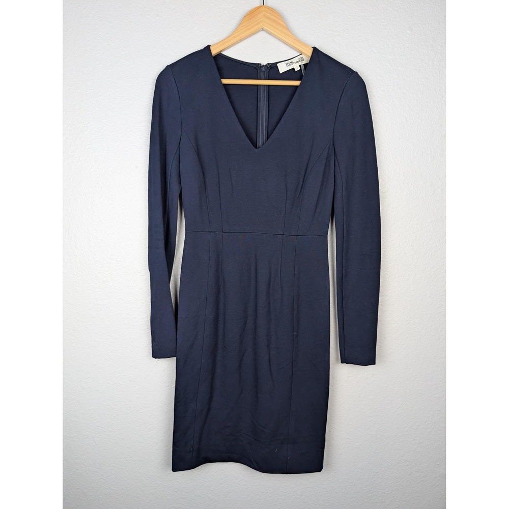 Diane Von Furstenberg Dress‎ Womens 0 Navy Long Sleeve V Neck Sheath Stretch